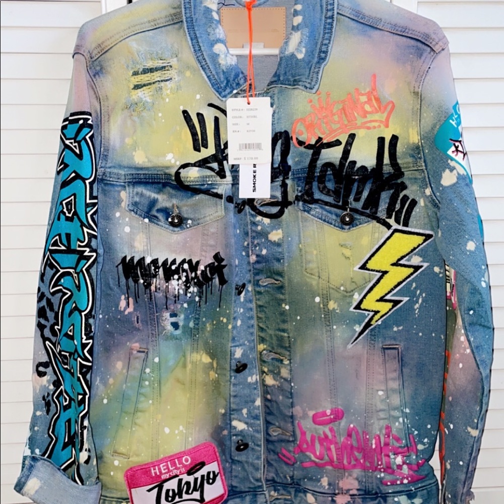 Smoke Rise Graffiti Themed Tokyo Patches and Painted Distressed Jacket - medium